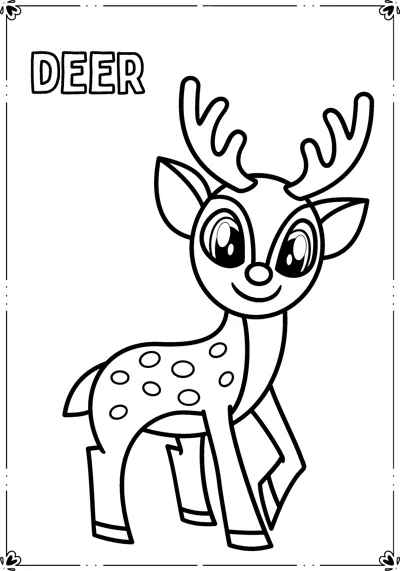 A cartoon deer with large antlers and spotted back stands inside a frame below its name.