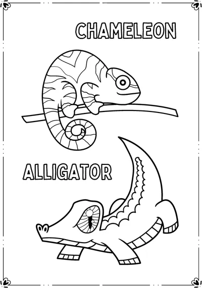 A chameleon clings to a branch above an alligator, each labelled with its name.