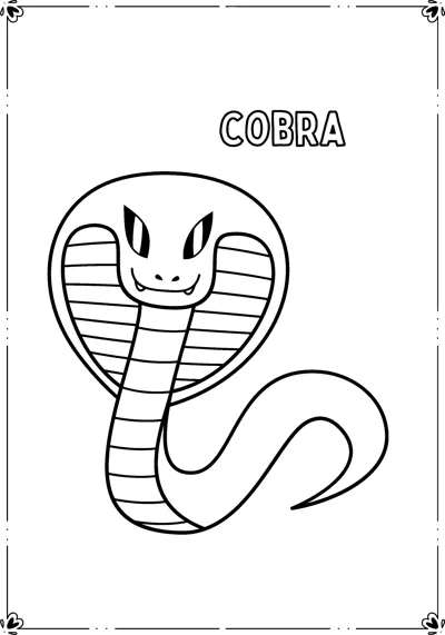 A cobra raises its head with its hood spread, inside a frame below its printed name.