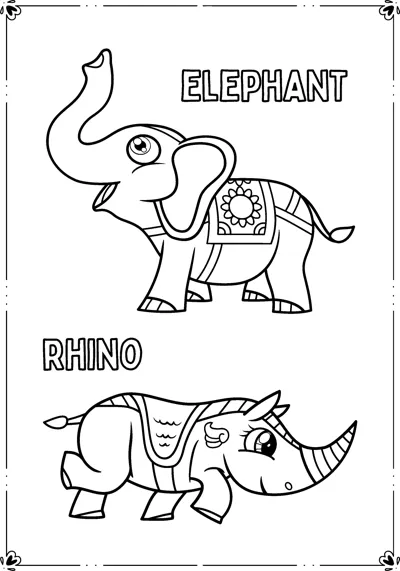 An elephant wearing a patterned blanket stands above a rhino, each labelled with its name.