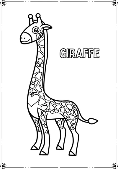 A tall giraffe with patchy spots stands inside a frame with its name printed beside it.