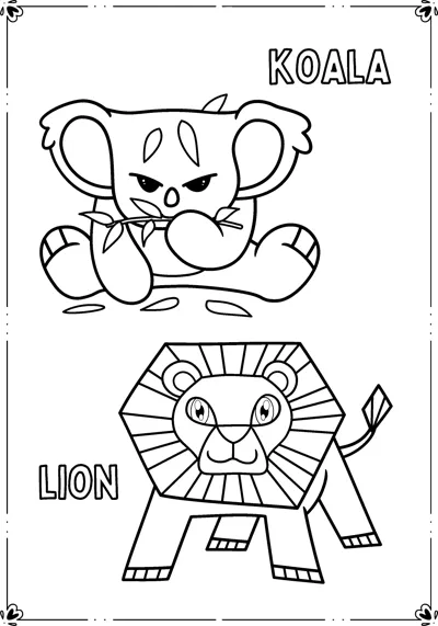 A koala chewing a leaf sits above a lion drawn with straight angular lines, both labelled.