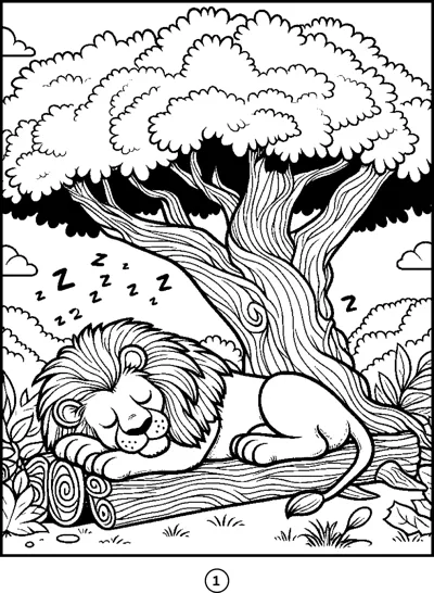 A lion sleeps on a log beneath a large leafy tree with snoring letters above it.