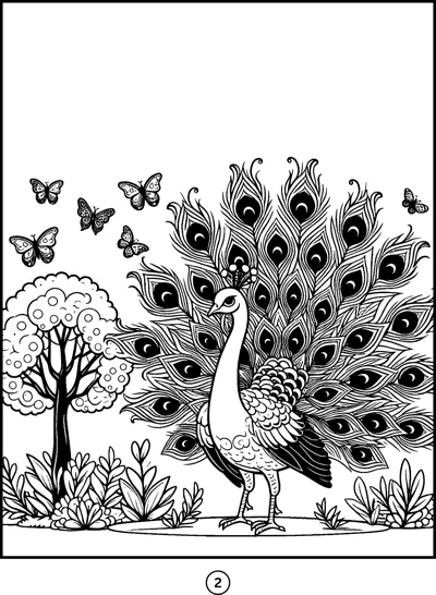 A peacock spreads a huge patterned tail in a garden while butterflies fly around it.