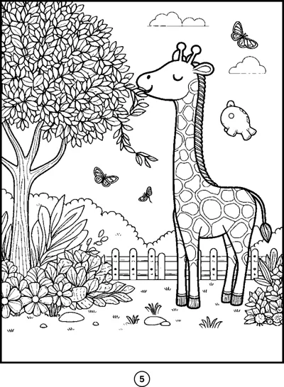A giraffe stands beside a tree in a fenced garden while butterflies fly around it.