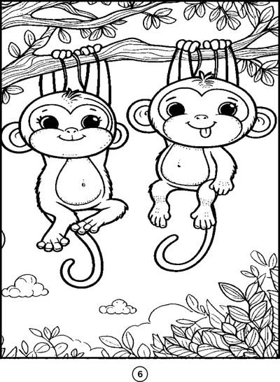 Two smiling monkeys hang upside down from a branch with leaves and clouds around them.