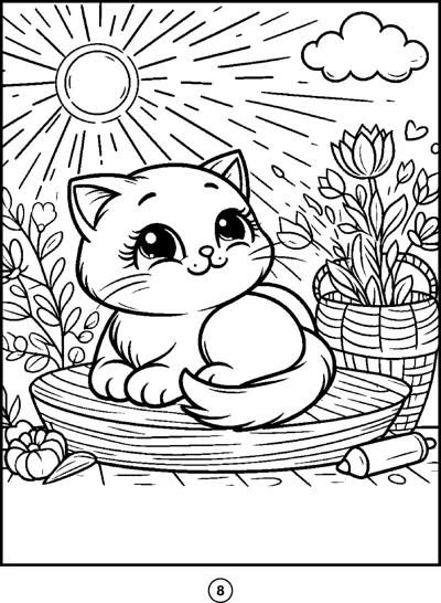 A cute kitten lies on a round cushion beside a flower basket under a shining sun.