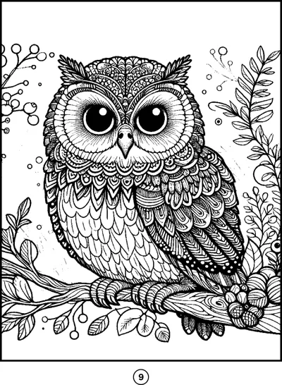An owl with intricately patterned feathers perches on a branch surrounded by leaves and flowers.