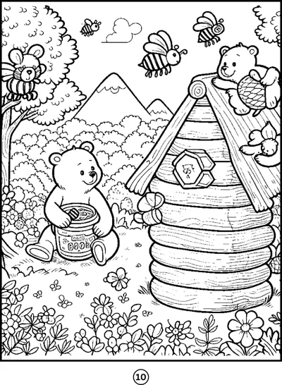 Bears eat honey beside a tall beehive while bees fly around a flowery meadow.