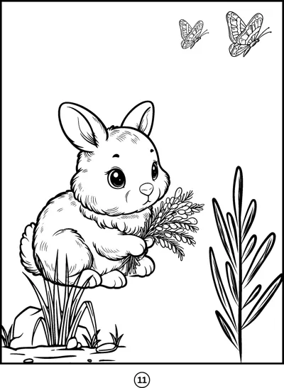 A fluffy bunny sits in grass holding a leafy sprig while butterflies fly overhead.