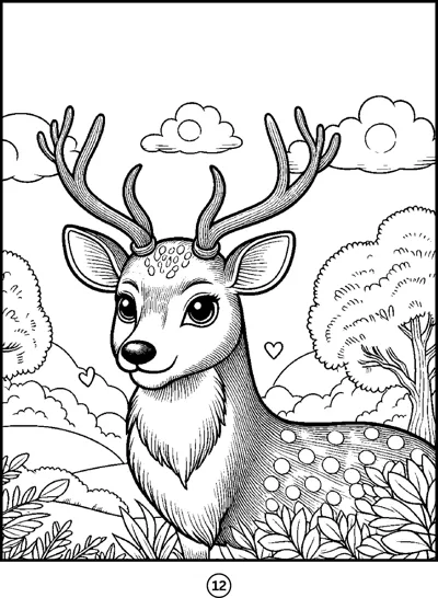 A deer with antlers rests among flowers and bushes with clouds and trees behind it.