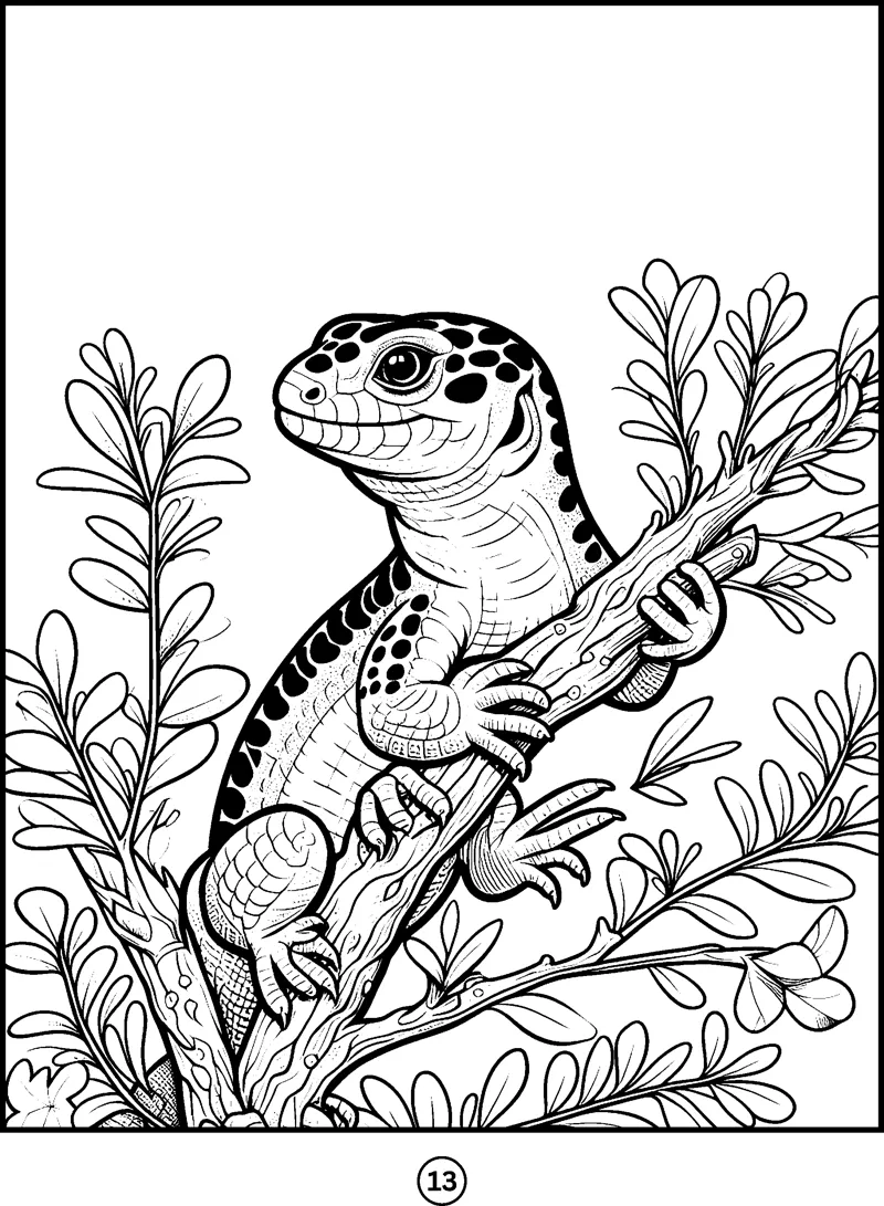 A spotted lizard clings to a branch surrounded by dense leaves and stems.