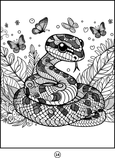 A patterned snake coils among large leaves while butterflies and hearts float above it.