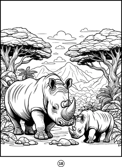 A rhino and its calf stand among trees and bushes with mountains in the distance.