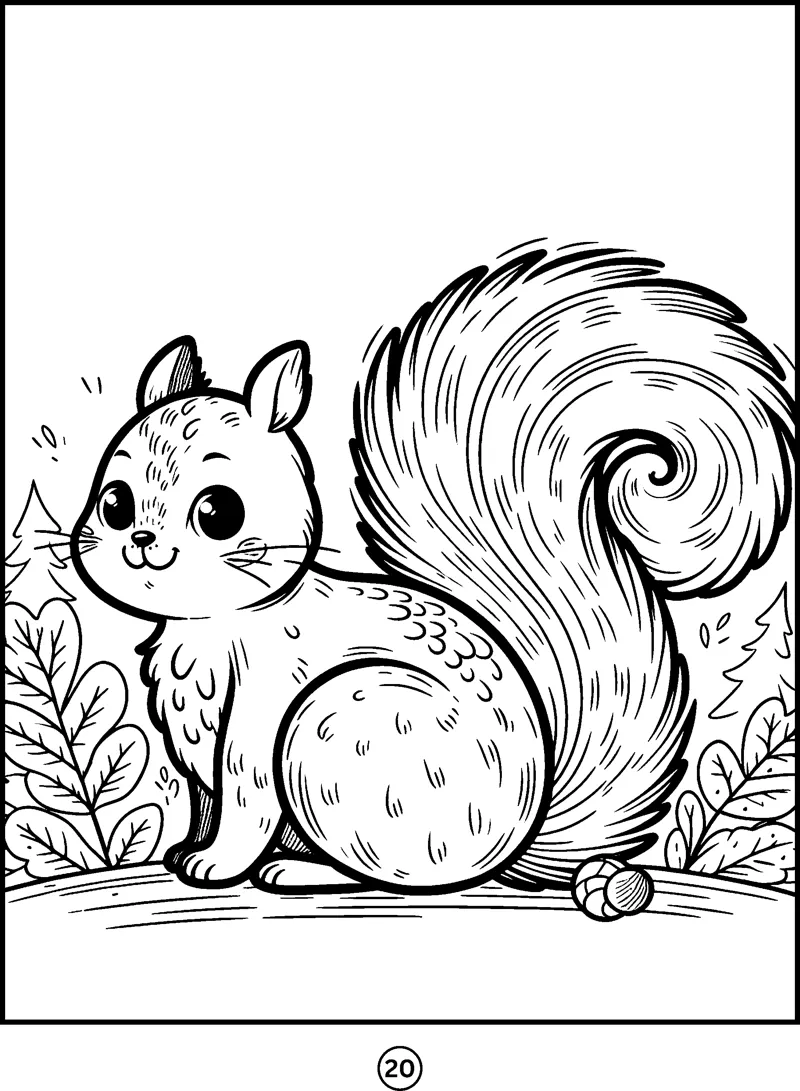 A fluffy squirrel with a huge curled tail sits beside an acorn among leaves.