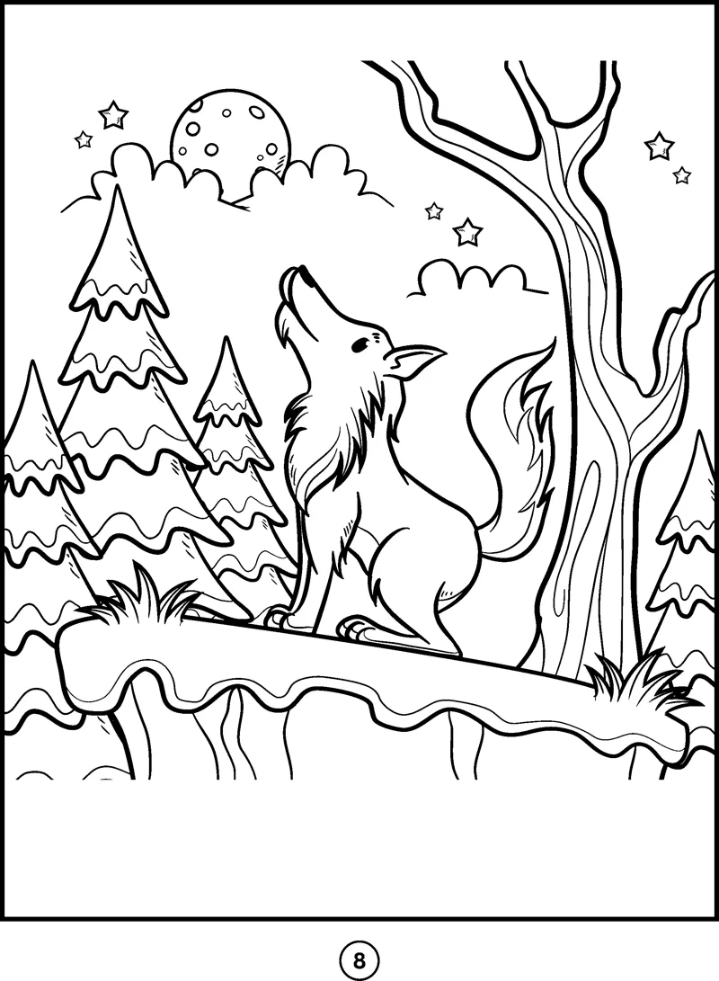 A fox stands on a cliff edge looking up at the moon with pine trees and a bare tree.