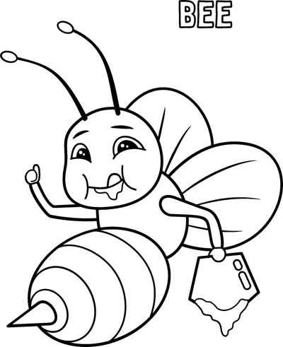 A smiling cartoon bee with a striped body flies while holding a honey pot in one hand.