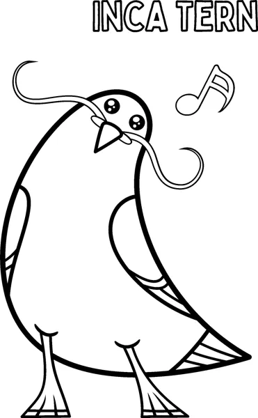 A bird with a long curly moustache feather whistles a musical note, with its name above.