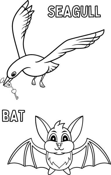 A seagull flies holding a fish above a smiling bat with spread wings, both labelled.