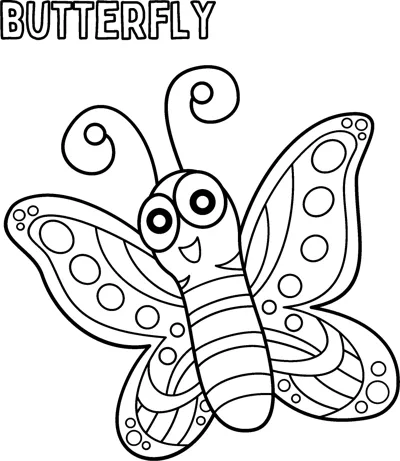 A smiling butterfly with wide spotted wings fills the page below its printed name.