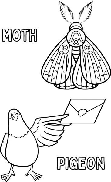 A patterned moth hovers above a pigeon holding an envelope, each labelled with its name.