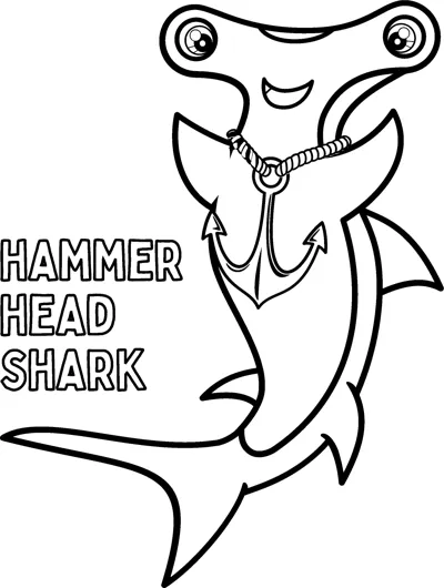 A smiling hammerhead shark swims with an anchor on a rope, its name printed beside it.