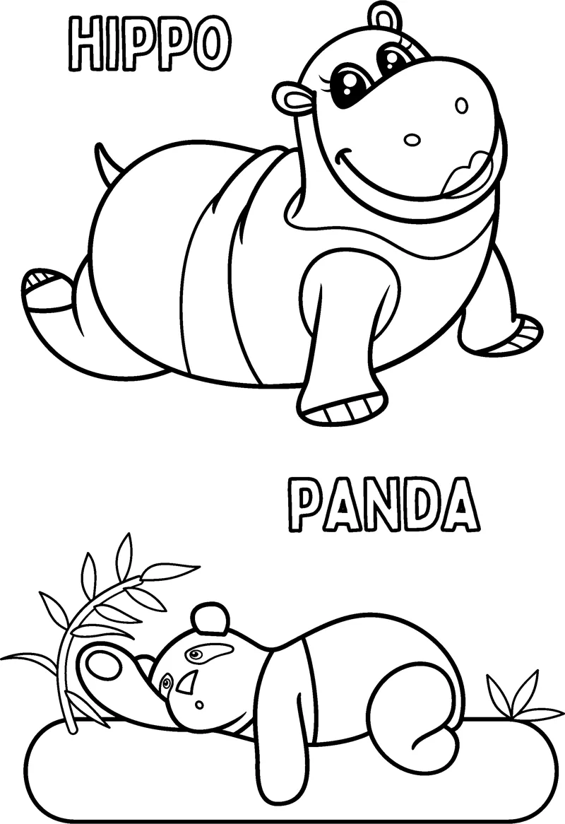 A striped hippo stands above a panda sleeping on a cushion, each labelled with its name.