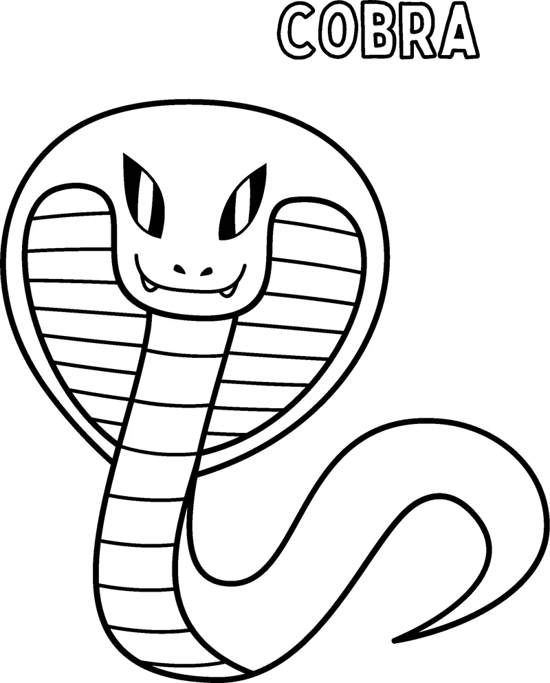 A cobra lifts its head with its hood spread and striped body curled below, its name above.