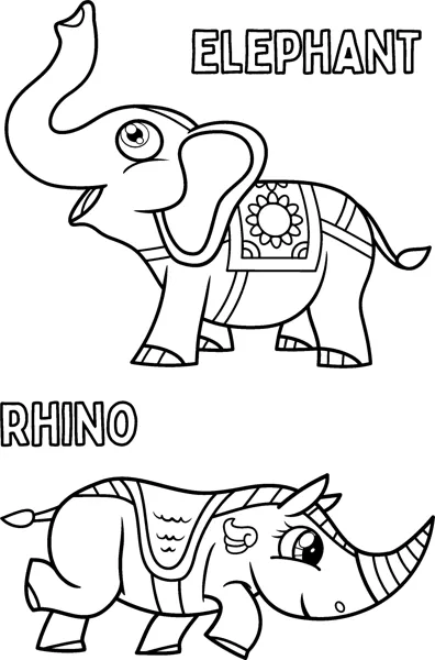 An elephant wearing a decorated blanket stands above a rhino, each labelled with its name.