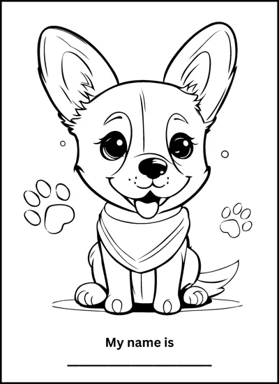 A puppy with large pointed ears sits wearing a bandana, with paw prints and a name line below.