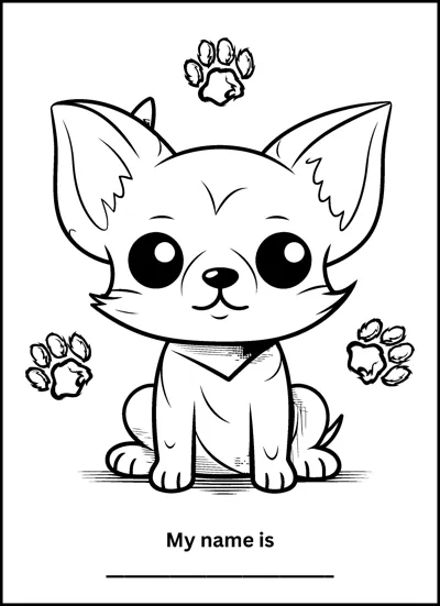 A small puppy with big pointed ears sits surrounded by paw prints above a name line.