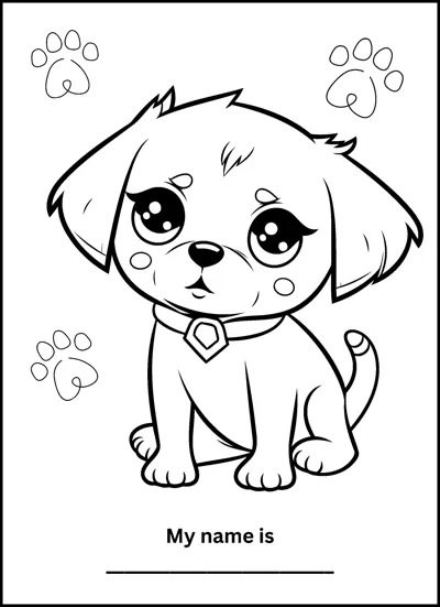 A floppy-eared puppy wearing a collar with a tag sits between paw prints above a name line.