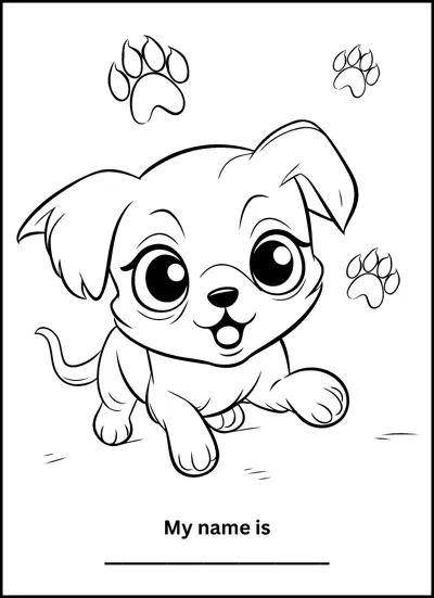 A playful puppy crouches low with its tongue out, surrounded by paw prints above a name line.