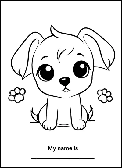 A fluffy puppy with big eyes sits on grass tufts with paw prints and a name line below.