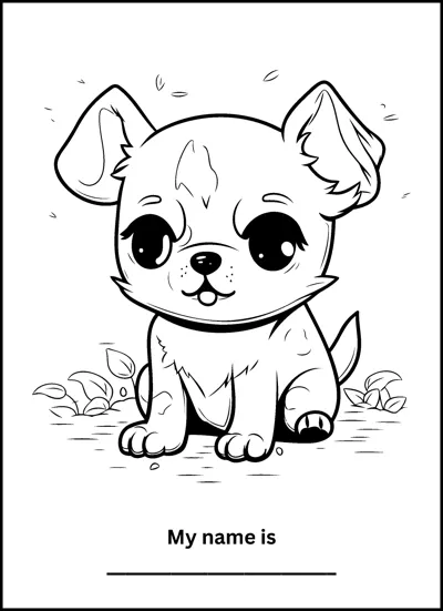 A puppy with floppy ears and big eyes sits on grass above a My Name Is line.