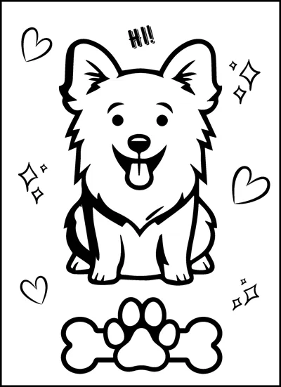 A fluffy dog with its tongue out says Hi, surrounded by hearts, sparkles, a bone and a paw print.