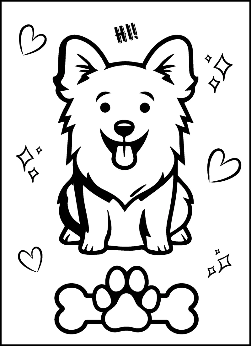 A fluffy dog with its tongue out says Hi, surrounded by hearts, sparkles, a bone and a paw print.