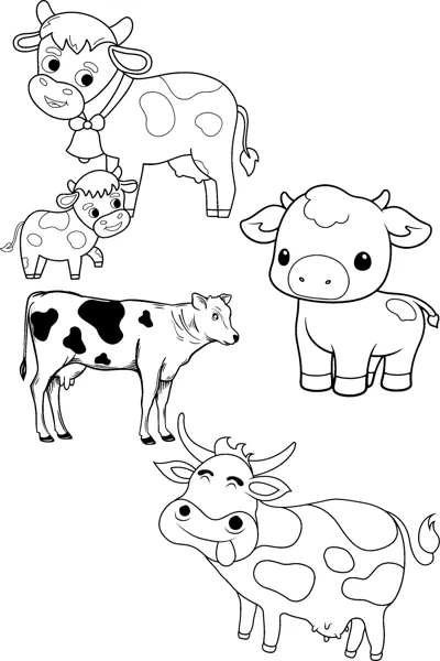 Five cartoon cows with patches and bells stand and sit in different poses across the page.