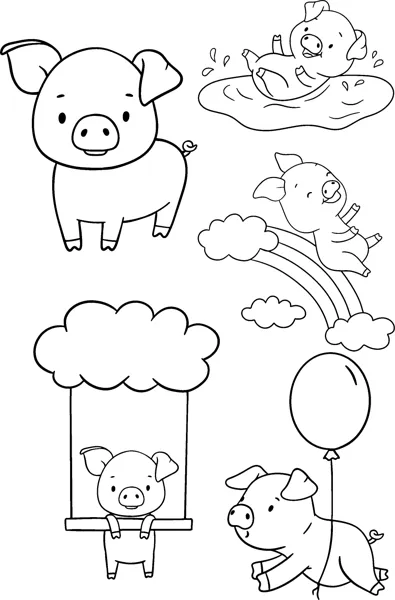 Several cartoon pigs play, one on a swing, one with a balloon and one splashing in mud.