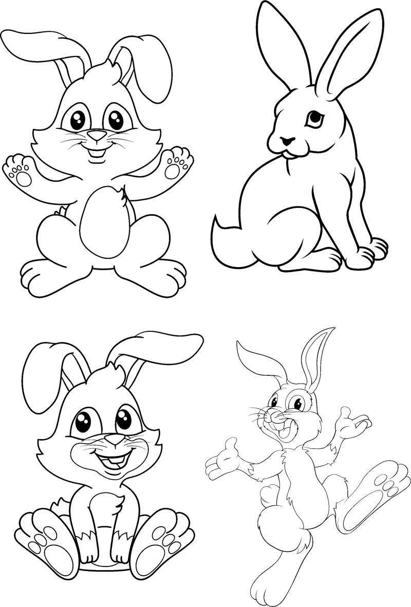 Four cartoon bunnies sit, wave and hop in different poses across the page.