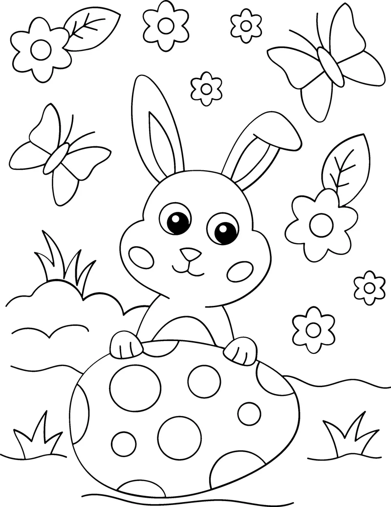 A bunny rests its paws on a large spotted egg while butterflies and flowers surround it.