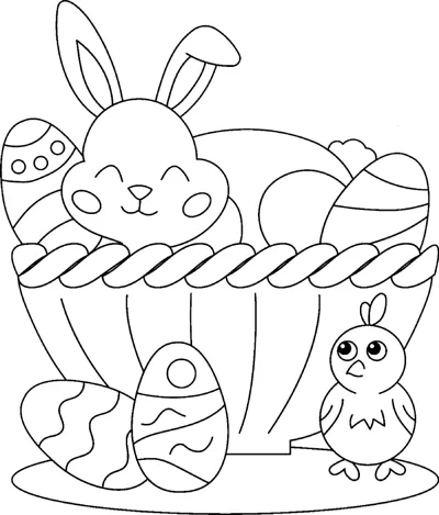 A smiling bunny peeks out of a basket of patterned eggs beside a small chick.