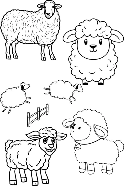 Several fluffy sheep and lambs stand near a small fence in different poses.