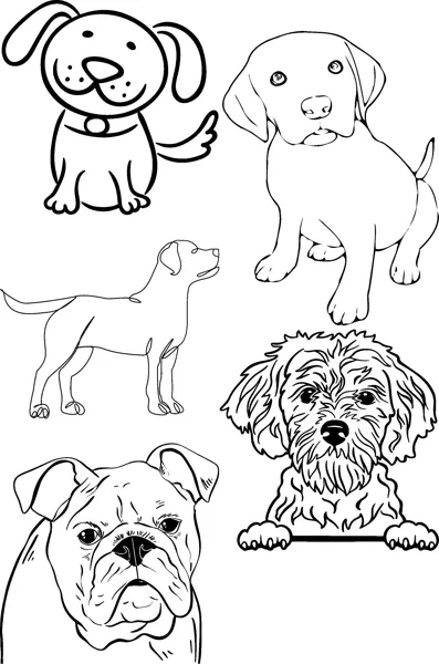Five dogs of different breeds, including a bulldog and a shaggy pup, fill the page.