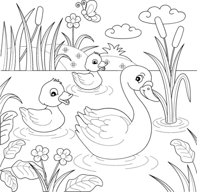 A swan and ducklings float on a pond surrounded by reeds, flowers and butterflies.