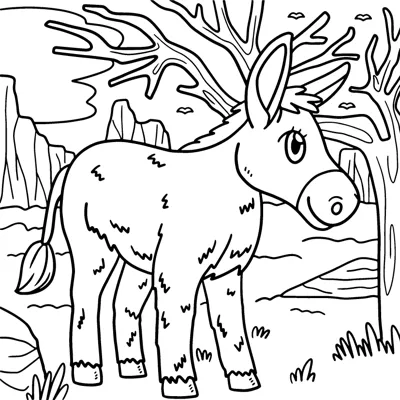 A long-eared donkey stands on grass beneath a bare branching tree.