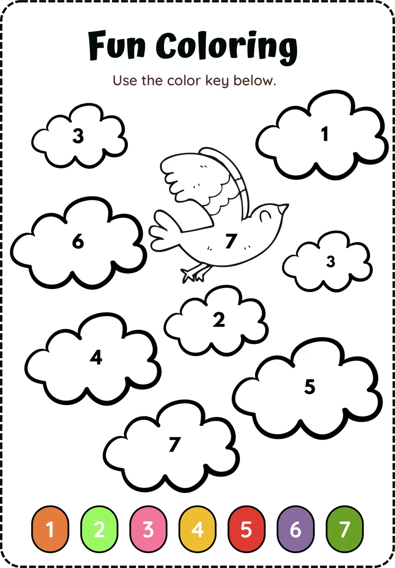 A small bird flies among numbered clouds, with a seven-colour key along the bottom.