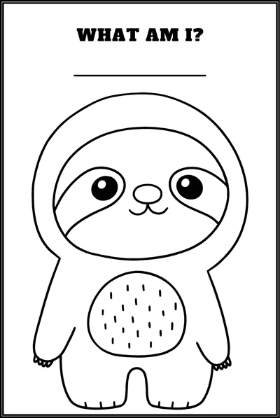 A smiling sloth stands upright with long arms under the question What Am I and a blank line.