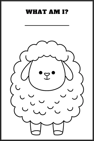 A fluffy sheep with a curly coat stands under the question What Am I and a blank line.