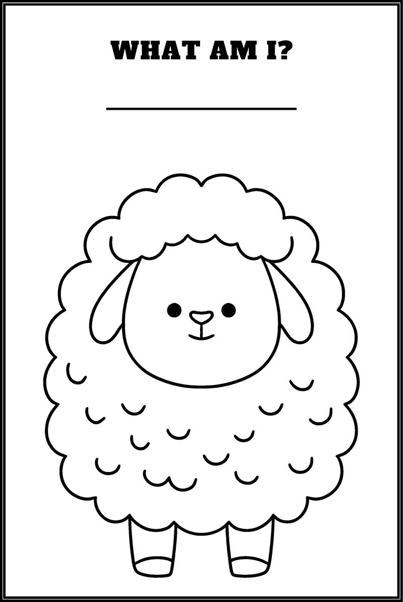 A fluffy sheep with a curly coat stands under the question What Am I and a blank line.